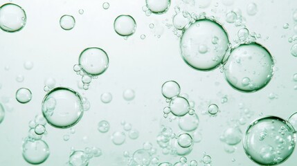 Sparkling green liquid featuring multiple bubbles varying in size, representing freshness, purity, and carbonated beverage aesthetics with dynamic effervescent visual movement