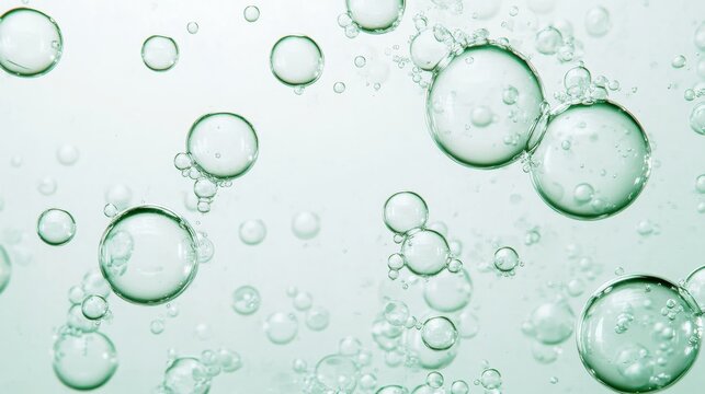 Sparkling green liquid featuring multiple bubbles varying in size, representing freshness, purity, and carbonated beverage aesthetics with dynamic effervescent visual movement
