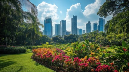 A beautiful botanical garden flourishes amidst a modern city skyline, showcasing vibrant flowers and lush greenery under a bright blue sky