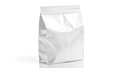 White foil food doy pack standing upright, featuring sealed zipper closure against pristine background, displaying minimalist packaging design for potential product branding