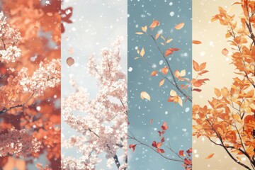 Exploring the beauty of four seasons in a stunning vertical banner with seamless transitions and ample copy space