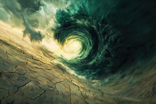 A swirling vortex of dark clouds descends upon a cracked, desolate land, a lone figure observes the impending storm.