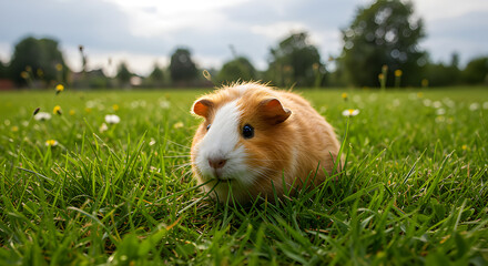 Charming guinea pig enjoying a snack in a lush meadow, showcasing its playful side