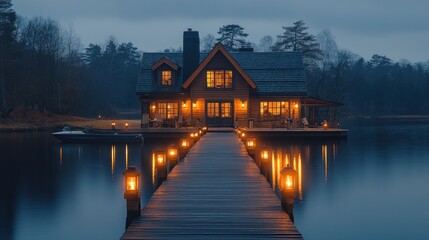 Fototapeta premium Lakeside cabin at dusk, illuminated walkway.