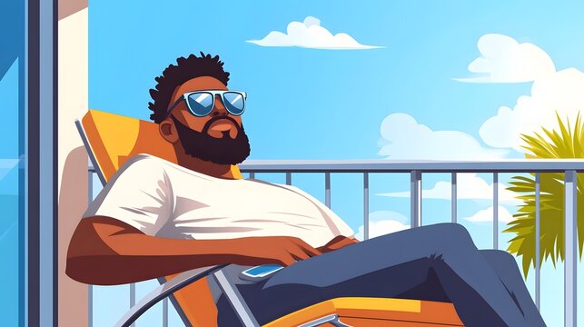 Cool Cartoon Black Man in Sunglasses Relaxing on Balcony - Fun Illustration for Lifestyle Concepts