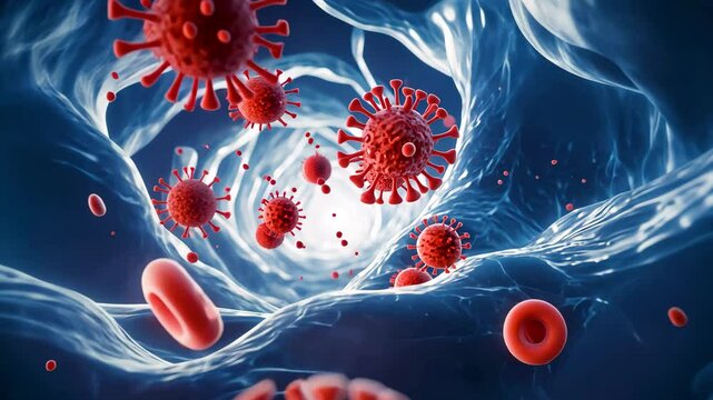 Virus and red blood cells flowing through bloodstream in medical 3D animation