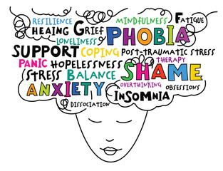 Colorful typography design with words related to mental health challenges.