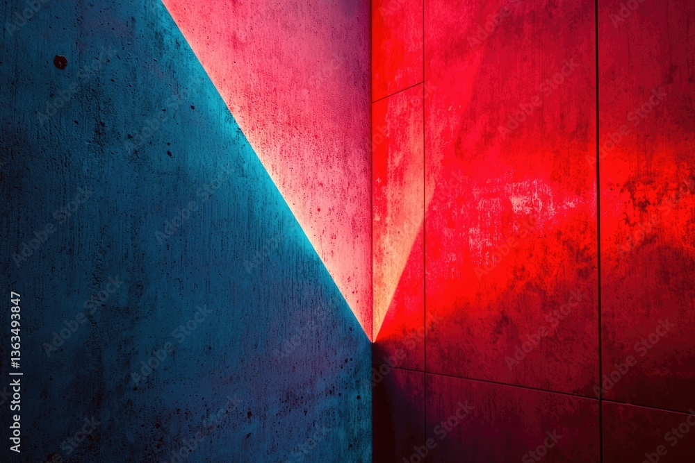 Poster abstract image of a corner with textured walls illuminated by vibrant blue and red light.