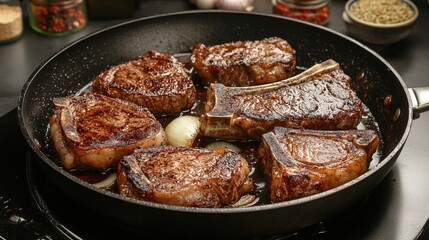 Fototapeta premium Searing steaks in a pan