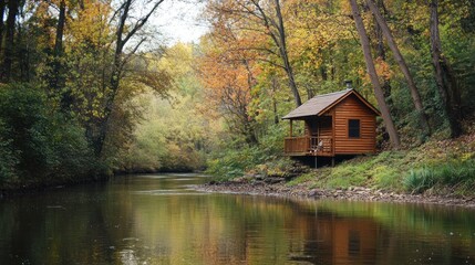 Obraz premium Secluded cabin retreat nestled amidst autumnal foliage by a serene riverbank