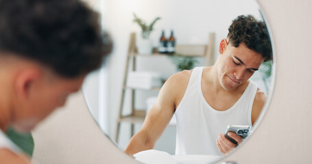 Mirror, skincare and man with smartphone, morning and internet with social media, cyberbullying and...