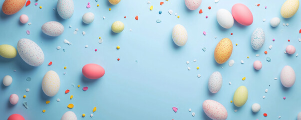 Colorful speckled Easter eggs and candy sprinkles on pastel blue background
