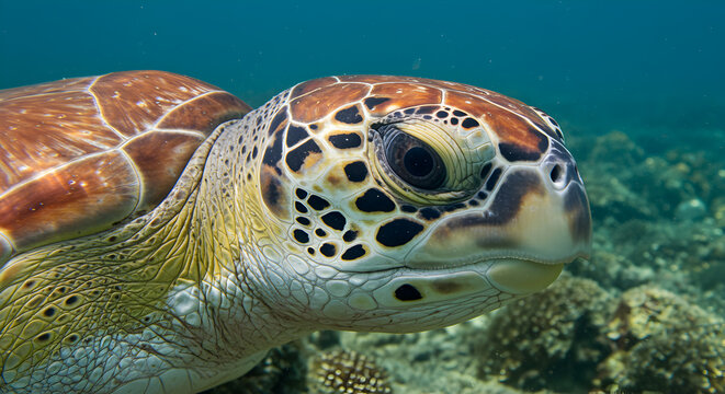 Sea turtle portrait showcasing intricate shell patterns and serene ocean habitat