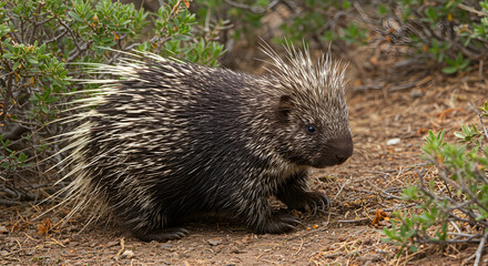 Close-up of a Crested Porcupine foraging in its natural habitat scenery