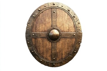 Fototapeta premium Close-up of Aged Viking Shield with Round Design on White Background