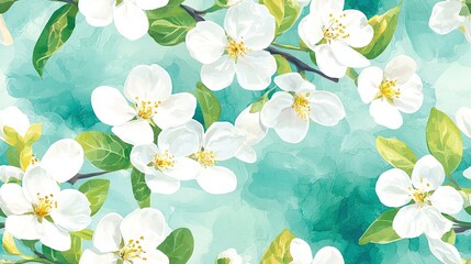 Obraz premium A painting featuring white flowers against a green leaf backdrop on a blue watercolor canvas with a harmonious green and white watercolor background