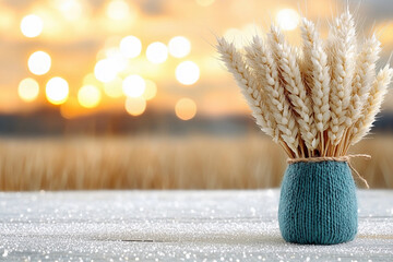 Wheat ears in a knitted bag on sparkling golden background. Agriculture, farming and harvest concept. Still life composition for banner, card with copy space