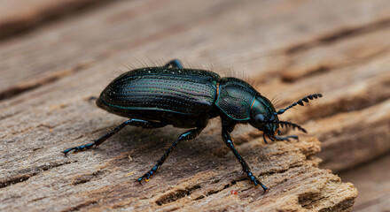 Fototapeta premium Close-up of a lustrous elderberry borer beetle perched on aged wood plank