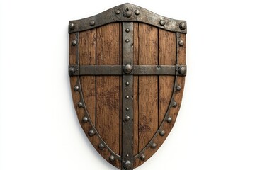 Fototapeta premium Wooden Shield with Metal Accents Isolated on White Background for Design