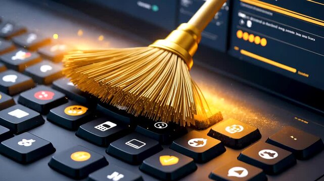 Digital cleaning concept with broom sweeping data from illuminated keyboard