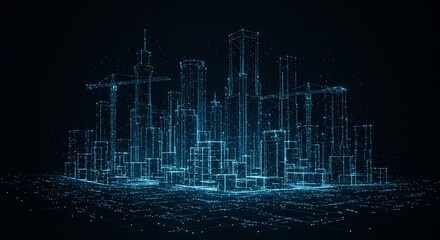 Futuristic Smart Cityscape: Digital Wireframe Model of a Modern Metropolis Under Construction with Illuminated Network Connections