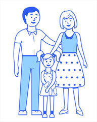 Happy family. Mother and father with daughter. Isolated on white background. Vector outline style illustration. Family day, parents with kid, girl.