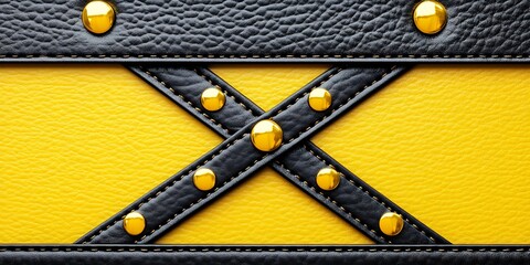 Luxurious yellow and black leather texture with golden accents and stitch detailing