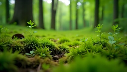 A low-angle, wide shot captures a lush forest floor covered in vibrant green moss and small plants, with tall trees blurred in the background