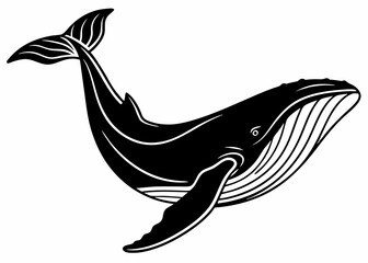 Swimming whale silhouette twisting upward with flowing tail and calm expression in vector design

