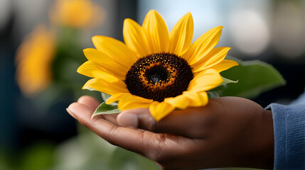 Closeup of Hands Gently Holding a Vibrant Yellow Sunflower