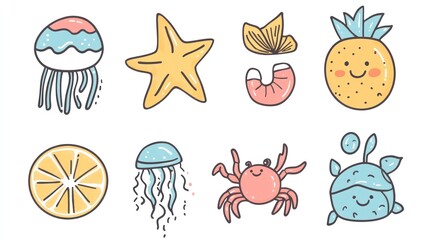Cute ocean and fruit summer icons, design elements for kids