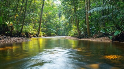Serene tropical river flowing through lush verdant rain forest landscape