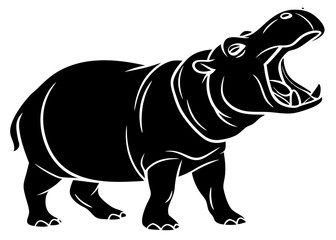 Fototapeta premium Vector hippo silhouette leaning forward with wide open mouth and sharp teeth on white background