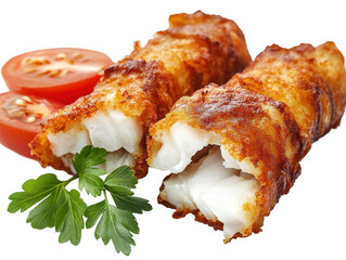 Isolated Fried Fish Fillets with Tomato and Parsley
