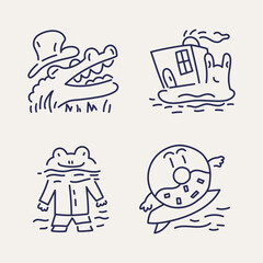 A collection of whimsical doodles featuring a crocodile in a hat, a melting house, a frog in a coat, and a cheerful donut
