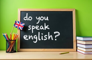 Blackboard with text do you speak english with pencils in a pot, UK flag and books on desk. Lesson, studying english abroad. Language learning concept, education, international communication.