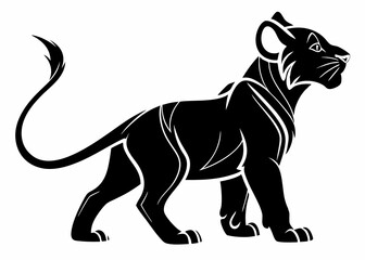 Obraz premium Stylized lion cub silhouette walking with arched tail and rounded features on clean white background vector