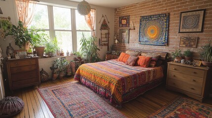 Sunlit bohemian bedroom with brick wall, plants, rugs, and colorful bedding.