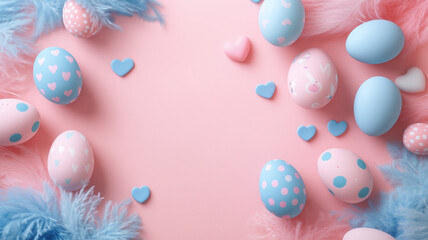 パステルカラーのイースターエッグと羽のフラットレイ