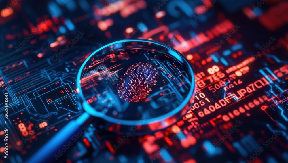 Poster macro view of digital data in the background, electronic circuit board and blue magnifying glass wit