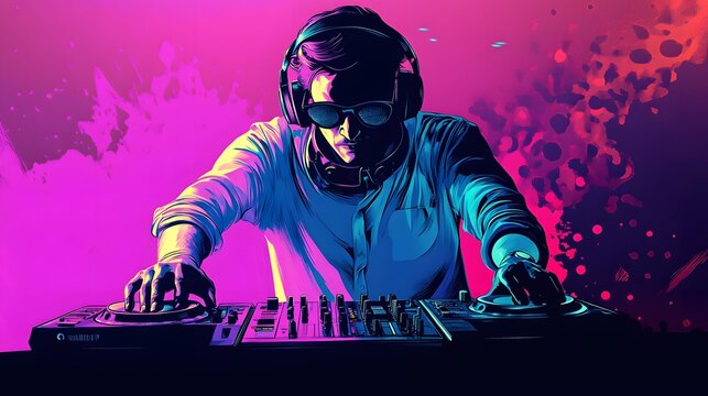Man is playing a DJ set with a colorful background. The man is wearing headphones and sunglasses