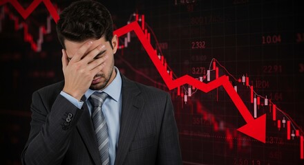 Worried Businessman Reacting to Stock Market Crash with Red Downward Trend