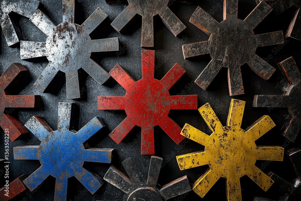 Poster a collection of rusty, multicolored cogs interlocked on a dark background, suggesting intricate mach