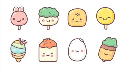 Eight cute cartoon ice cream treats in a row for designs, backgrounds or stickers