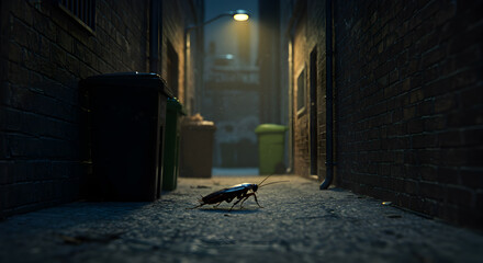 Cockroach scurrying through dark urban alley amidst trash bins at night