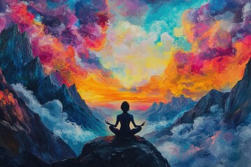 Obraz premium Meditating Silhouette on Mountain Peak with Colorful Sky Art Illustration