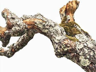 Fototapeta premium A gnarled, moss-covered tree branch reaches skyward, showcasing intricate textures and the beauty of age.