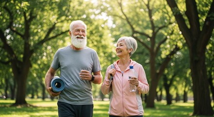 Obraz premium Happy Senior Couple Enjoying Outdoor Fitness and Wellness in a Lush Green Park, Walking, Carrying Yoga Mat and Water Bottle