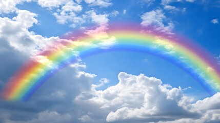 Rainbow is seen in the sky above a cloudy day. The rainbow is bright and colorful, and it seems to be a symbol of hope and happiness. The sky is blue and cloudy, but the rainbow adds a sense of joy