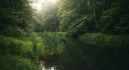 Obraz premium Serene wetland sanctuary with lush vegetation reflecting in the tranquil water